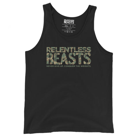 RELENTLESS BEASTS 'Camo Logo' Bodybuilding & Gym Wear Black Vest Front Print