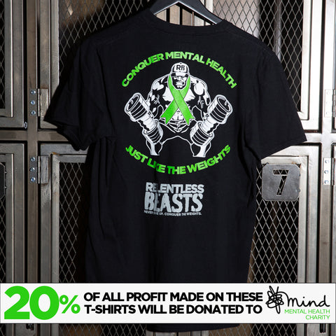 RELENTLESS BEASTS 'Mental Health' Bodybuilding & Gym Wear Black T-Shirt Back Print Hanging Up - 20%