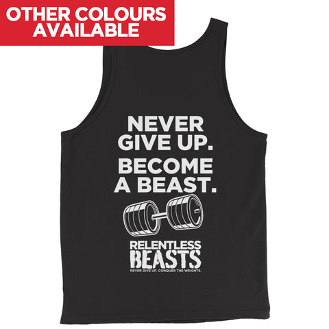RELENTLESS BEASTS 'Never Give Up' Bodybuilding & Gym Wear Black Vest Back Print