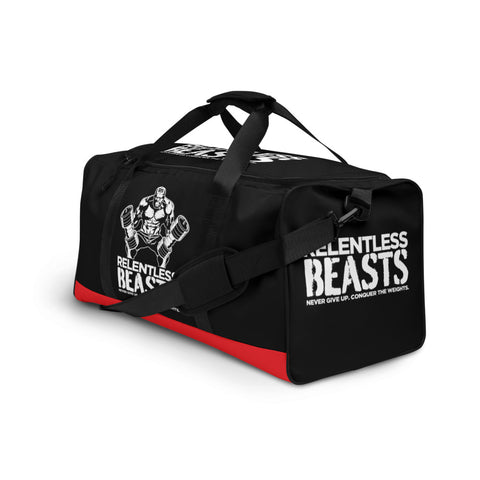 RELENTLESS BEASTS Bodybuilding & Gym Black & Red Duffle Bag 3/4 View