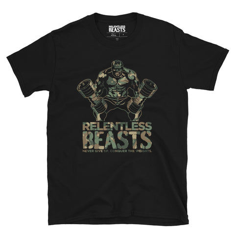 RELENTLESS BEASTS Bodybuilding & Strongman Gym Wear Black Camo 'Beast Man' T-Shirt Front Print