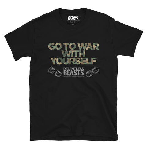 RELENTLESS BEASTS Bodybuilding & Strongman Gym Wear Black Camo 'Go To War' T-Shirt Front Print