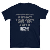 RELENTLESS BEASTS 'Strongman Mentality' Bodybuilding & Strongman Gym Wear Navy T-Shirt Front Print