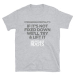 RELENTLESS BEASTS 'Strongman Mentality' Bodybuilding & Strongman Gym Wear Light Grey T-Shirt Front Print