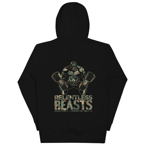 RELENTLESS BEASTS 'Camo Beast Man' Bodybuilding, Strongman & Gym Wear Black Pull-Over Hoodie Back Print